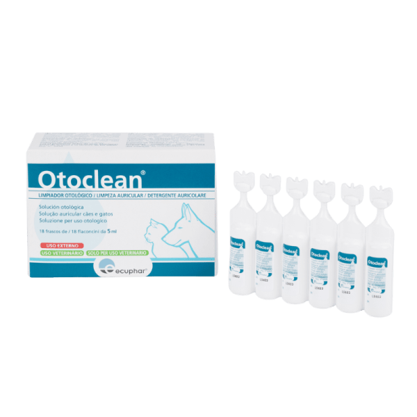 <strong>Otoclean</strong> Solución Ótica, Limpiador de Oídos para Perros y Gatos, 18 ampollas de 5 ml, en caja