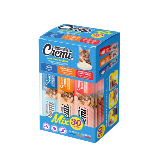 <strong>Naturalistic</strong> Cremi Mix, Snack Húmedo para Gatos, Pack Variedades del Mar, Atún Camarón Salmón, 30 unidades, en caja