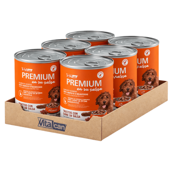 <strong>Pack: Vital Can Premium</strong> en su Salsa, Alimento Húmedo para Perro Cachorro, Sabor a Trocitos con Carne en Salsa, 6 latas de 340 gr