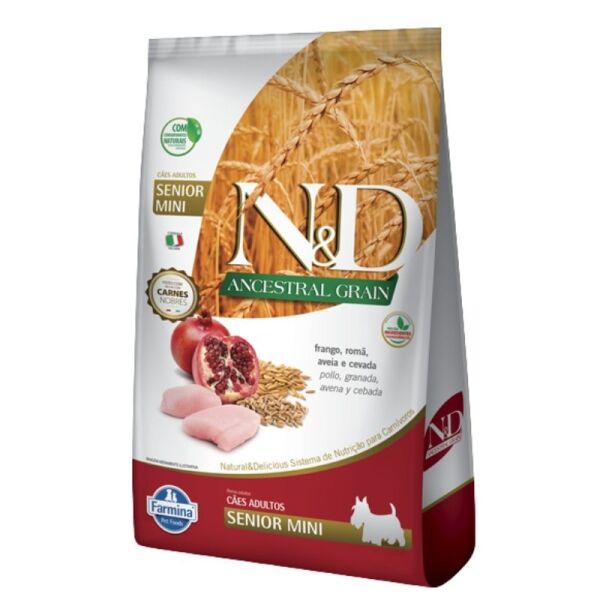 <strong>N&D</strong> Ancestral Grain Senior Mini Breed, Alimento Seco para Perros Senior, Raza Pequeña, Pollo, Granada, Avena y Cebada, bolsa de 2.5 kg