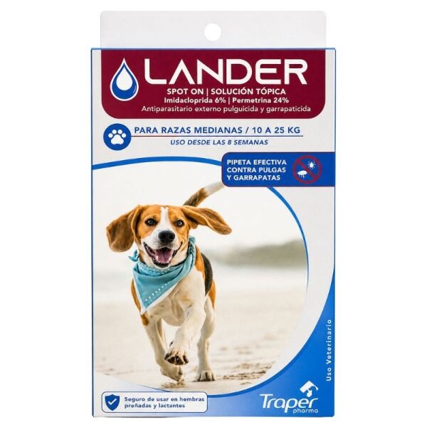 <strong>Lander</strong> Solución Tópica, Antiparasitario Externo Pulguicida y Garrapaticida para Perro, Razas Medianas de 10 a 25 kg, pipeta de 2.5 ml