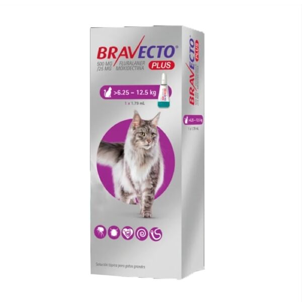 <strong>Bravecto</strong> Plus Solución Tópica, Antiparasitario Interno y Externo para Gatos, 6.25 a 12.5 kg, 1 pipeta de 1.79 ml