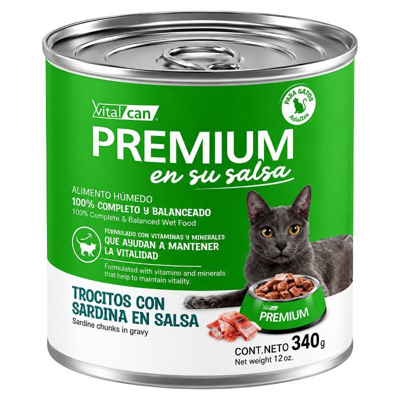 <strong>Vitalcan Premium</strong> lata Gato Adulto Trocitos Con Sardina En Salsa, 340 gr
