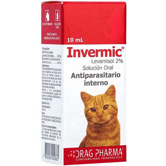 <strong>Invermic</strong> Solución Oral, Antiparasitario Interno e Inmunoestimulante para Gatos, gotario de 10 ml
