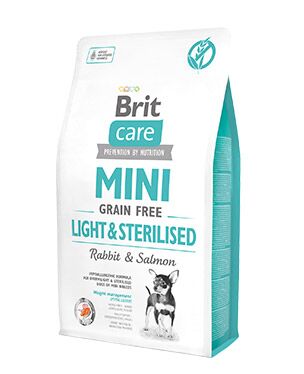 <strong>Brit Care</strong> Mini Grain Free Light & Sterilised, Alimento Seco para Perros Esterilizados, Raza Mini/Pequeña, Conejo y Salmón Libre de Granos, bolsa de 2-7 kg