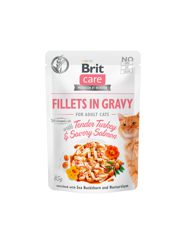 <strong>Brit Care</strong> Cat Fillets in Gravy, Tender Turkey and Savory Salmon, Alimento Húmedo para Gatos, Filetes de Pavo y Salmón en jugo, pouch de 85 gr