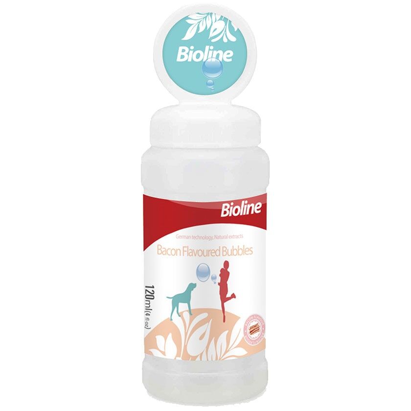 <strong>Bioline</strong> Burbujas con Esencia de Tocino para Perros, Entretenimiento Seguro, 120 ml