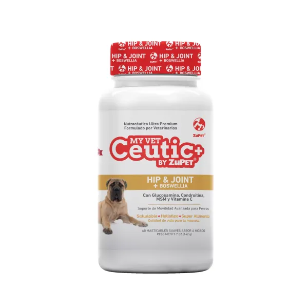 <strong>My Vet Ceutic</strong> Hip & Joint+ Boswellia, Suplemento Articular Avanzado para Perros, 60 masticables, pote de 162 gr