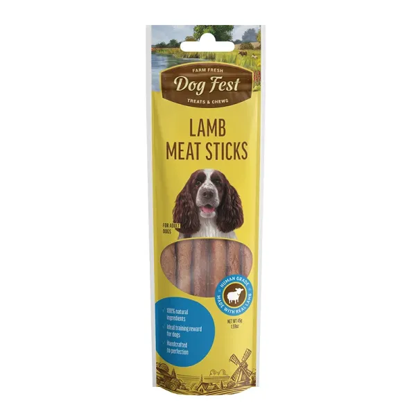 <strong>Dog Fest</strong> Treats & Chews Lamb Meat Sticks, Snack para Perros, Barritas de Cordero, bolsa de 45 gr