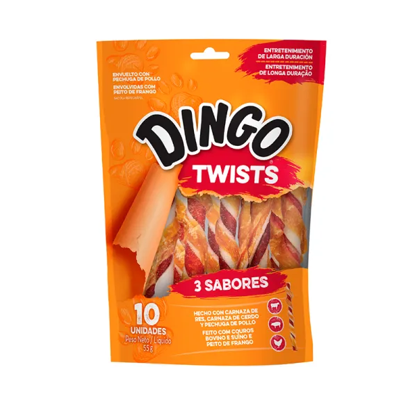 <strong>Dingo</strong> Twists, Snack para Perros, Trenzas de Pechuga de Pollo, Carne de Res y Cerdo, 10 un, bolsa de 55 gr