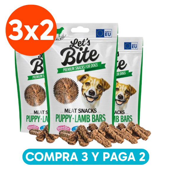 <strong>Pack: Let's Bite 3x2</strong> Meat Snacks Puppy Lamb Bars, Snack para Perros Cachorros, Barritas de Cordero, 3 bolsas de 80 gr