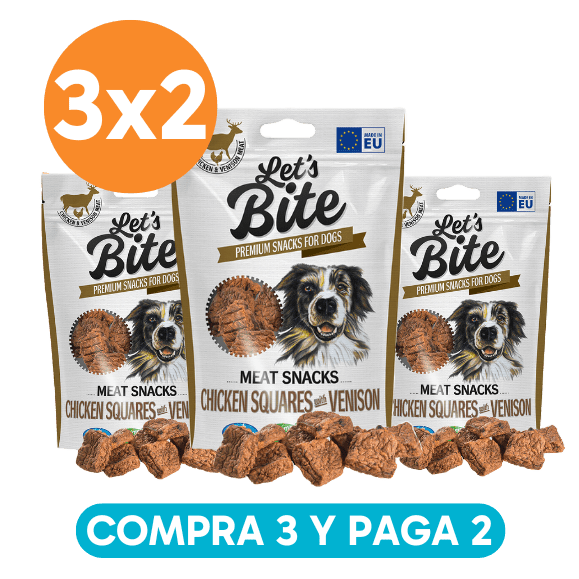 <strong>Pack: Let's Bite 3x2</strong> Meat Snacks Chicken Squares with Venison, Snack para Perros, Cuadraditos de Pollo con Venado, 3 bolsas de 80 gr