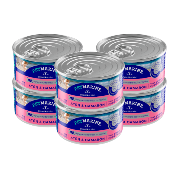 <strong>Pet Marine</strong> Alimento Húmedo para Gatos, Atún con Camarón, 85 gr, 6 unidades, en lata