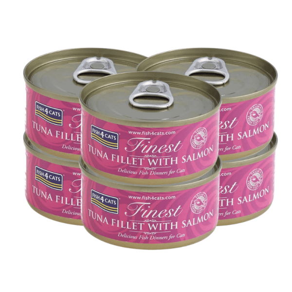 <strong>Fish 4 Cats</strong> Finest, Alimento Húmedo para Gatos, Filete de Atún con Salmón, 70 gr, 6 unidades, en lata