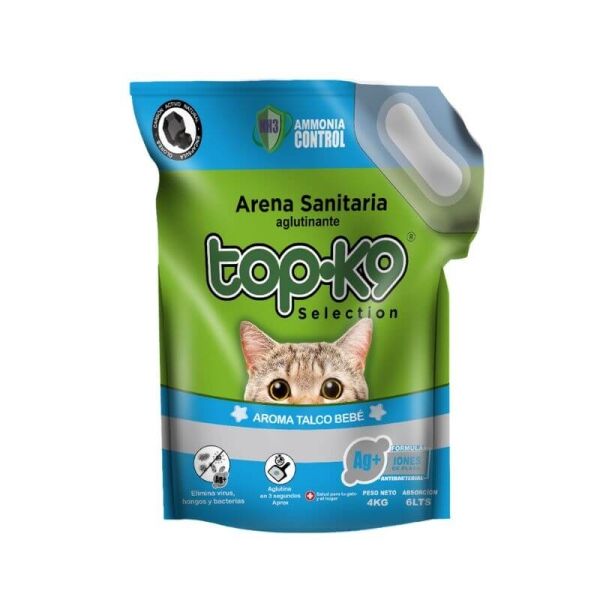 <strong>Top-K9</strong> Iones de Plata, Arena Sanitaria Aglutinante para Gatos, Aroma Talco de Bebé, Bolsa de 4 kg