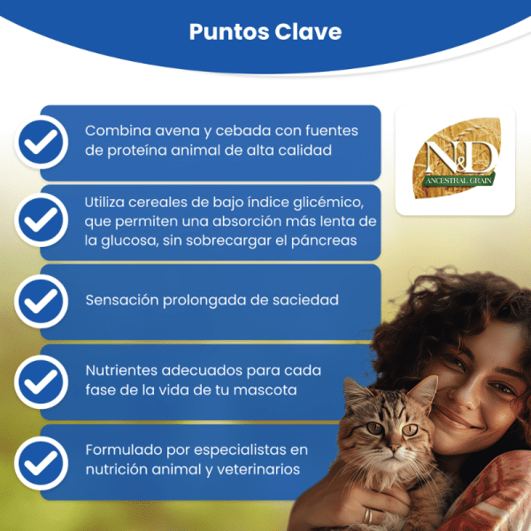 <strong>N&D</strong> Ancestral Grain Adult Cat, Alimento Seco para Gatos Adultos, Pollo, Granada Avena y Cebada, bolsa de 1.5 kg - Imagen 3