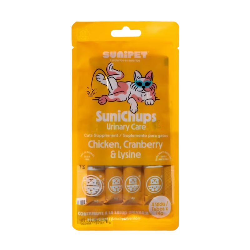 <strong>SuniChups</strong> Urinary Care, Snack Húmedo para Gatos, Pollo, Arándano y Lisina, 4 sachet de 14 gr