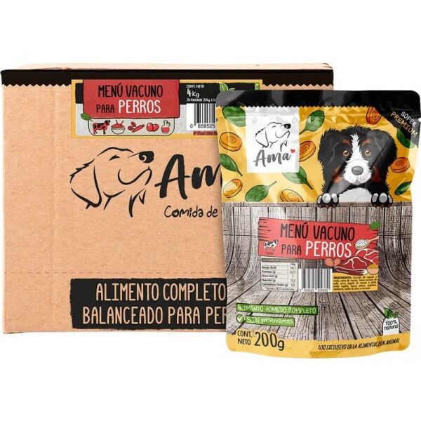 <strong>Ama</strong> Menú Vacuno, Alimento Húmedo Completo para Perros, caja de 4 kg con 20 sachets de 200 gr